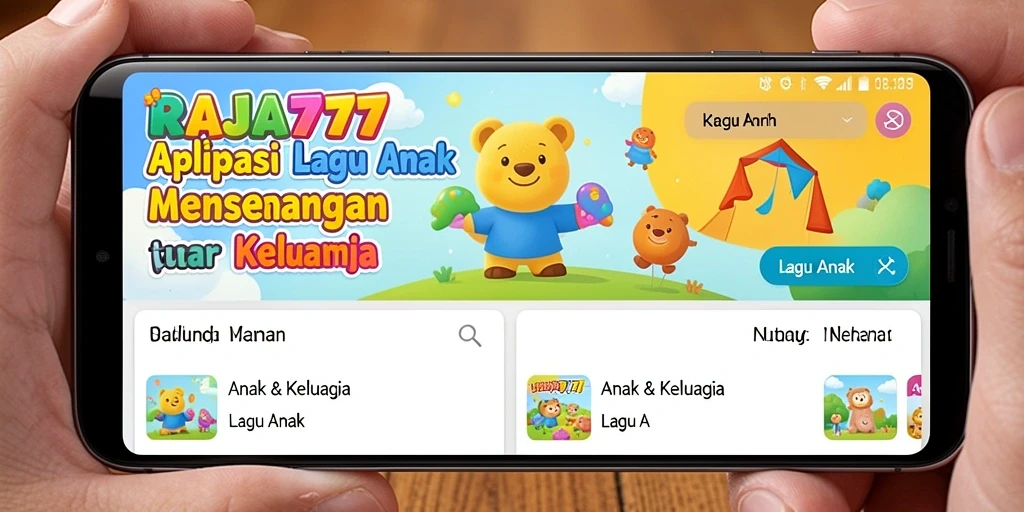 Tampilan antarmuka aplikasI RAJA777 dengan lagu-lagu anak yang ceria.