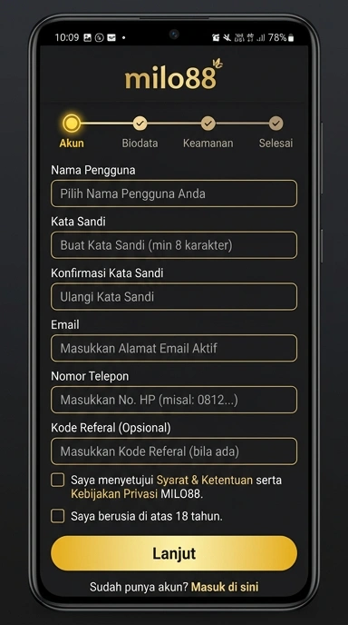 Tampilan halaman daftar milo88